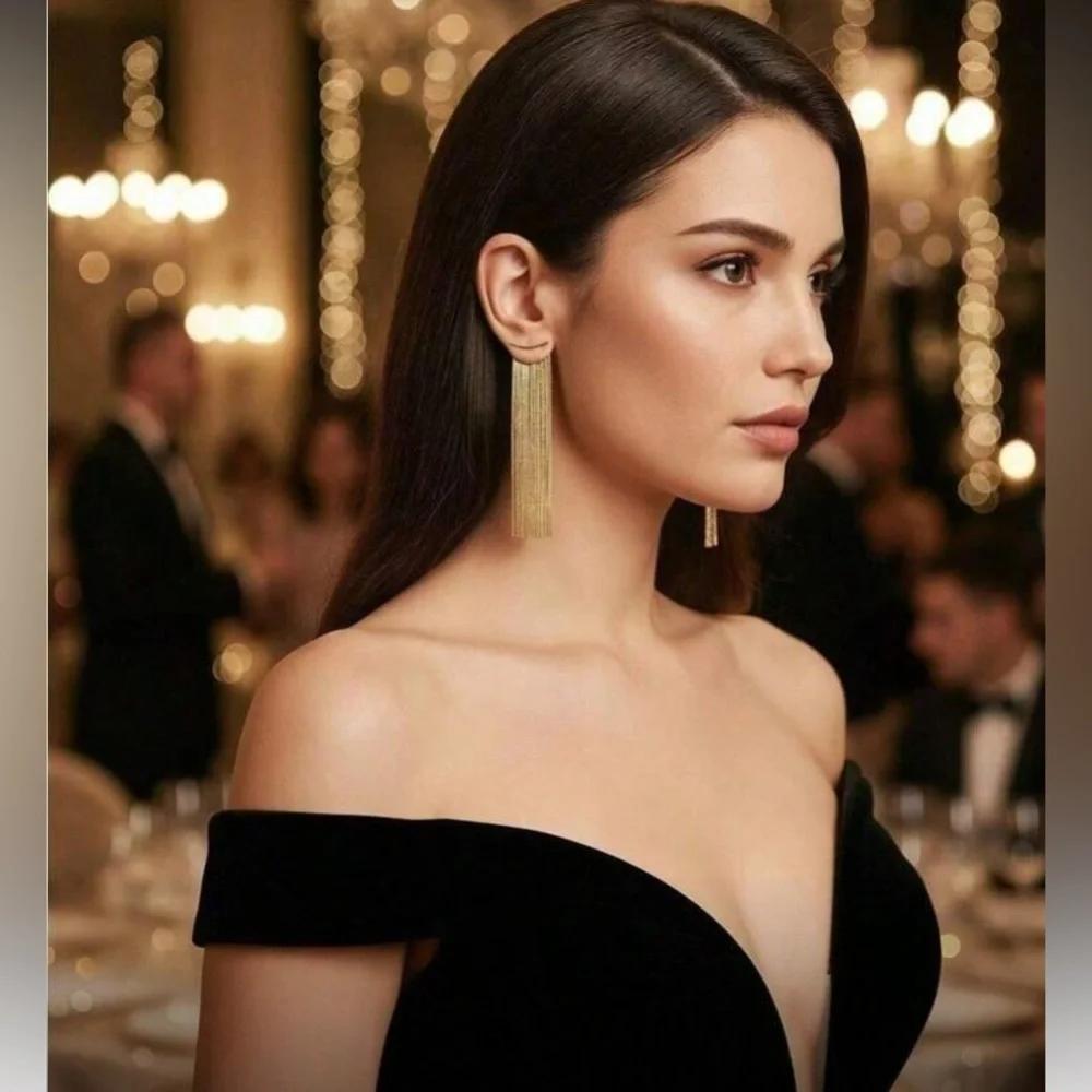 Elegant Gold Tassel Earrings - Picture 2 of 6